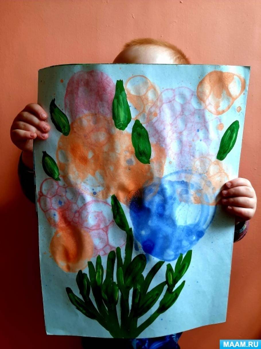 Совместный мастер-класс по нетрадиционному рисованию мыльными пузырями «Букет гортензии» для детей раннего возраста