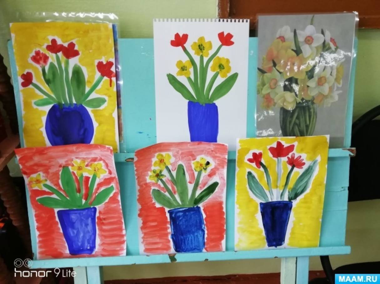 Фотоотчет о рисовании в средней группе «Весенний букет с натуры»