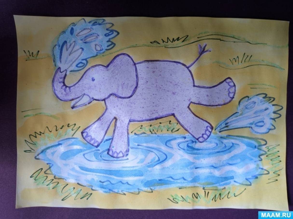 Мастер-класс по рисованию животных с использованием восковых мелков «Веселый слоненок»