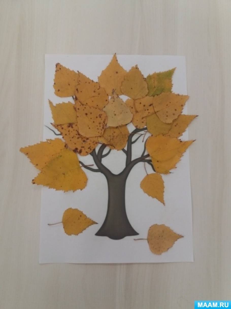 Конспект занятия по коллективной аппликации из березовых листьев в первой младшей группе «Дерево»
