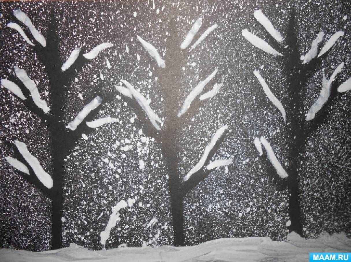 Группа сугробы. Деревья в инее рисование в старшей группе. Рисование набрызгом в подготовительной группе. Зимнее дерево набрызг. Зима рисование набрызгом.