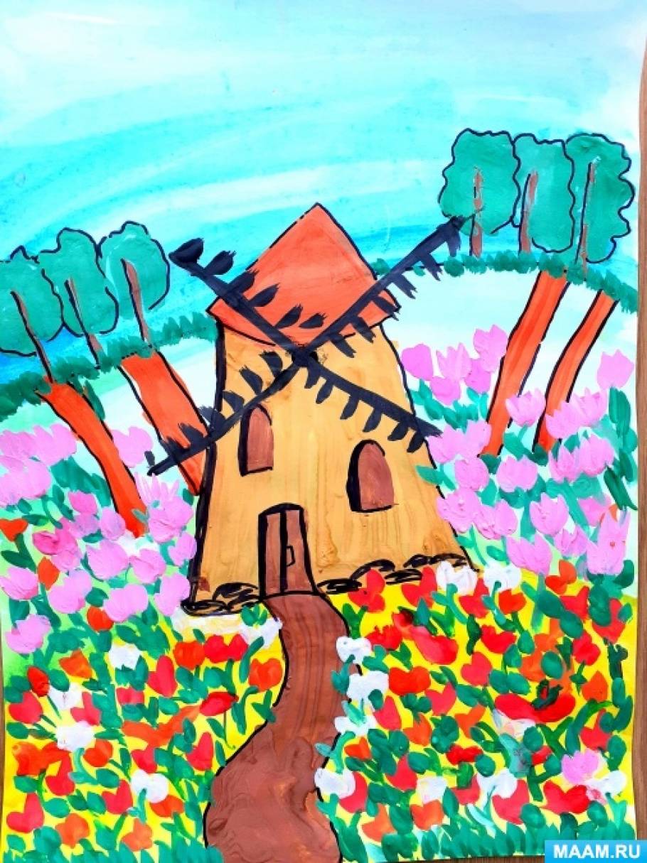 Конспект занятия по рисованию для детей 6–7 лет «Пейзаж с мельницей в теплых тонах»