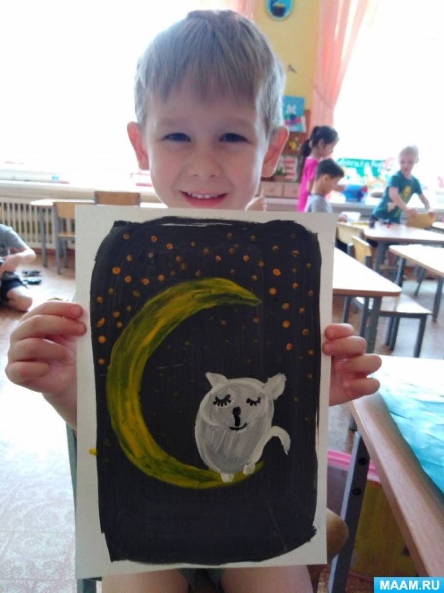 Мастер-класс по правополушарному рисованию с детьми 4–5 лет «Лунный кот» ко Дню космонавтики