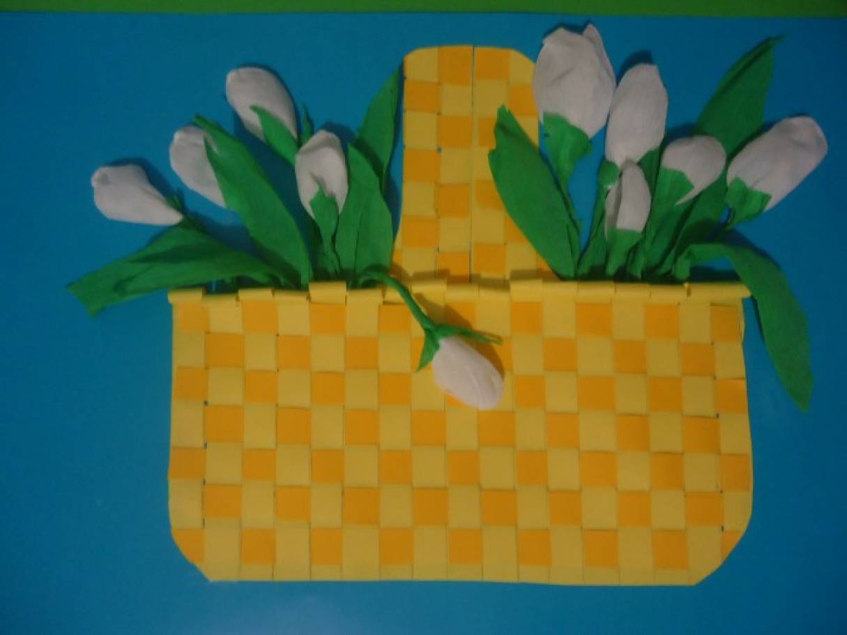 Плетеная открытка технология 4. Весенняя аппликация. Поделка корзинка с цветами из бумаги. Аппликация корзина с цветами.