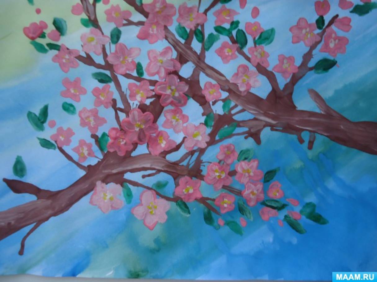 Весеннее дерево в средней группе. Сакура рисунок. Рисование Весеннее дерево. Рисование цветущего дерева.