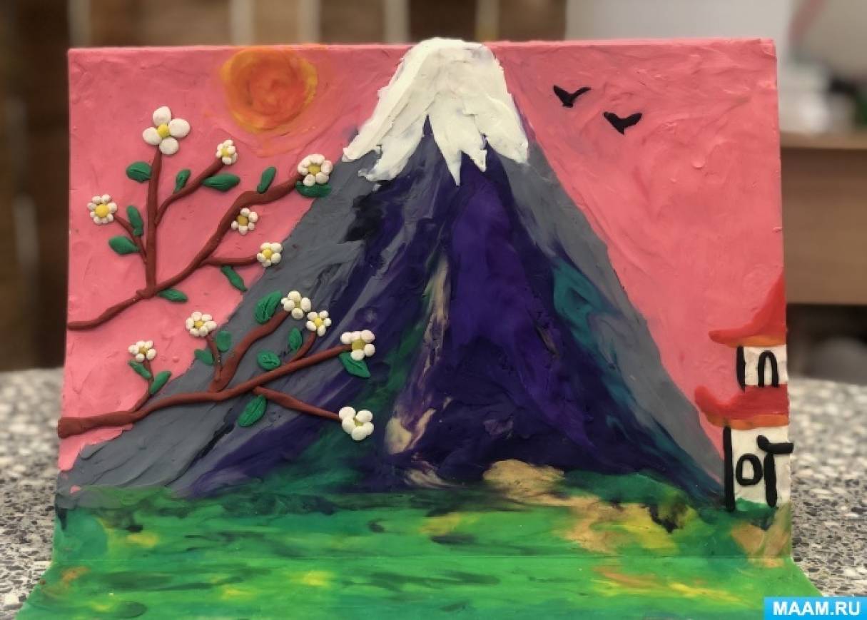 Панно «Цветение сакуры у горы Фудзияма» в технике пластилинографии для детей старшей группы ДОУ и детей с ОВЗ