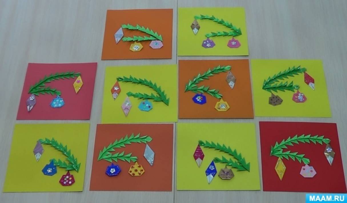Конспект НОД по аппликации в технике «оригами» с элементами декора в старшей коррекционной группе «Еловая веточка с шарами»