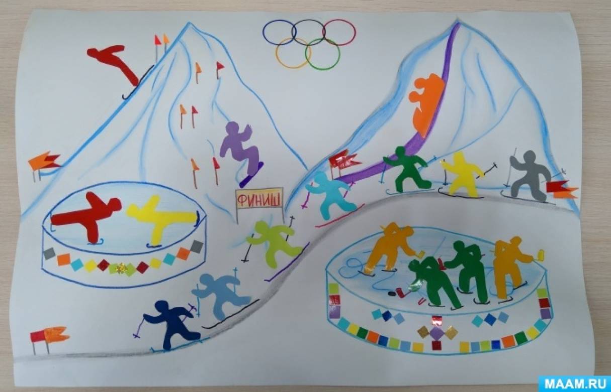 Конспект НОД по коллективной аппликации с элементами рисования в подготовительной коррекционной группе «Зимние виды спорта»