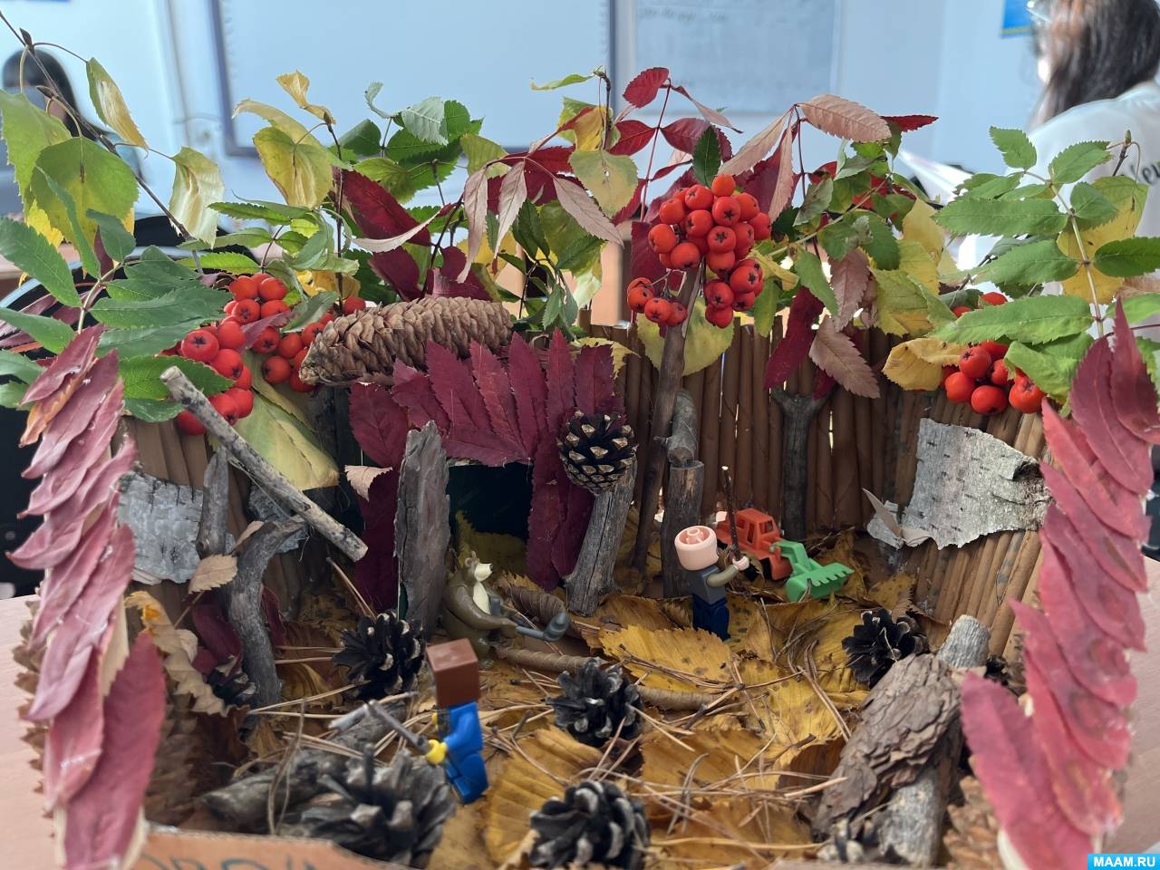 Поделка из листьев, шишек, веточек, коры березы и игрушек из киндер-сюрприза «Сказочный дворик». Фотоотчет