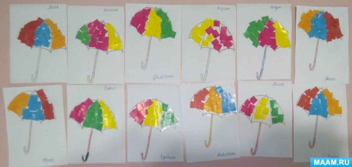 Зонтик младшая группа. Аппликация зонтик в средней группе. Аппликация разноцветные зонтики в старшей группе. Аппликация цветные зонтики в старшей группе. Обрывная аппликация разноцветные зонтики.