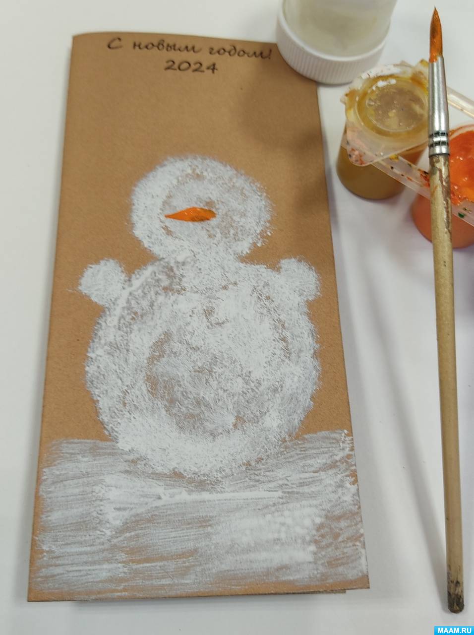Фото №3 Публикация Мастер класс по рисованию тычком новогодней открытки Снеговик размещена в разделах Аппликация из бумаги