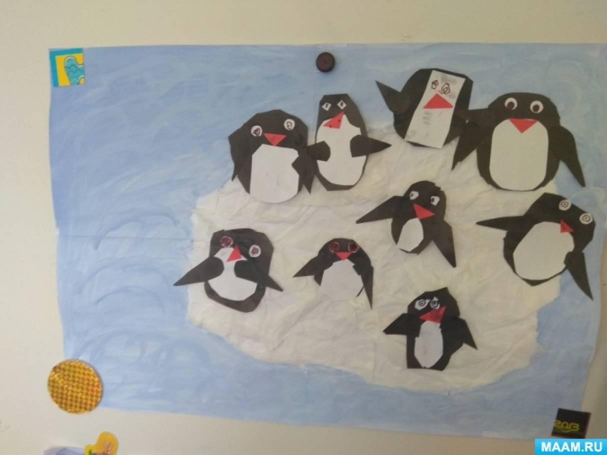 Фотоотчёт занятия по аппликации «Пингвины на льдине»