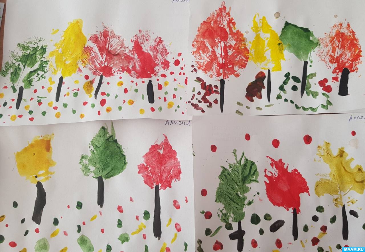Мастер-класс по рисованию гуашью с детьми 4–5 лет с использованием отпечатков листьев на бумаге...