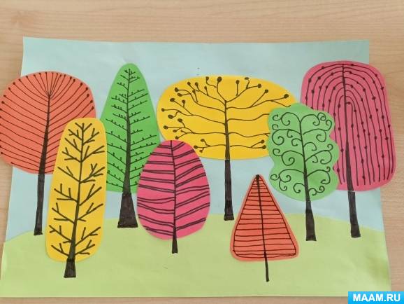 Конспект занятия по рисованию с элементами аппликации для старшего возраста «Осенний лес»