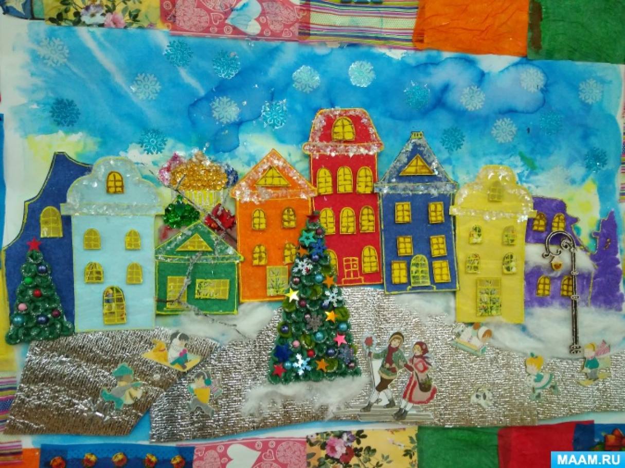 Рисование празднично украшенный дом средняя группа. Коллективное панно для детей. Рисование зимний город. Коллективное панно новый год. Коллективное панно зима.