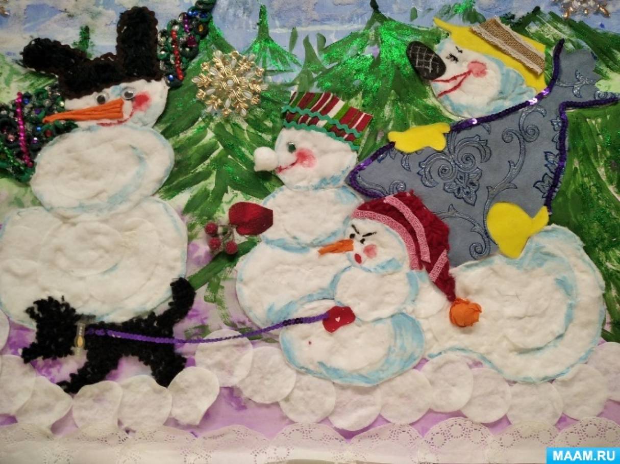 Коллективная работа детей подготовительной группы «Веселые снеговики»