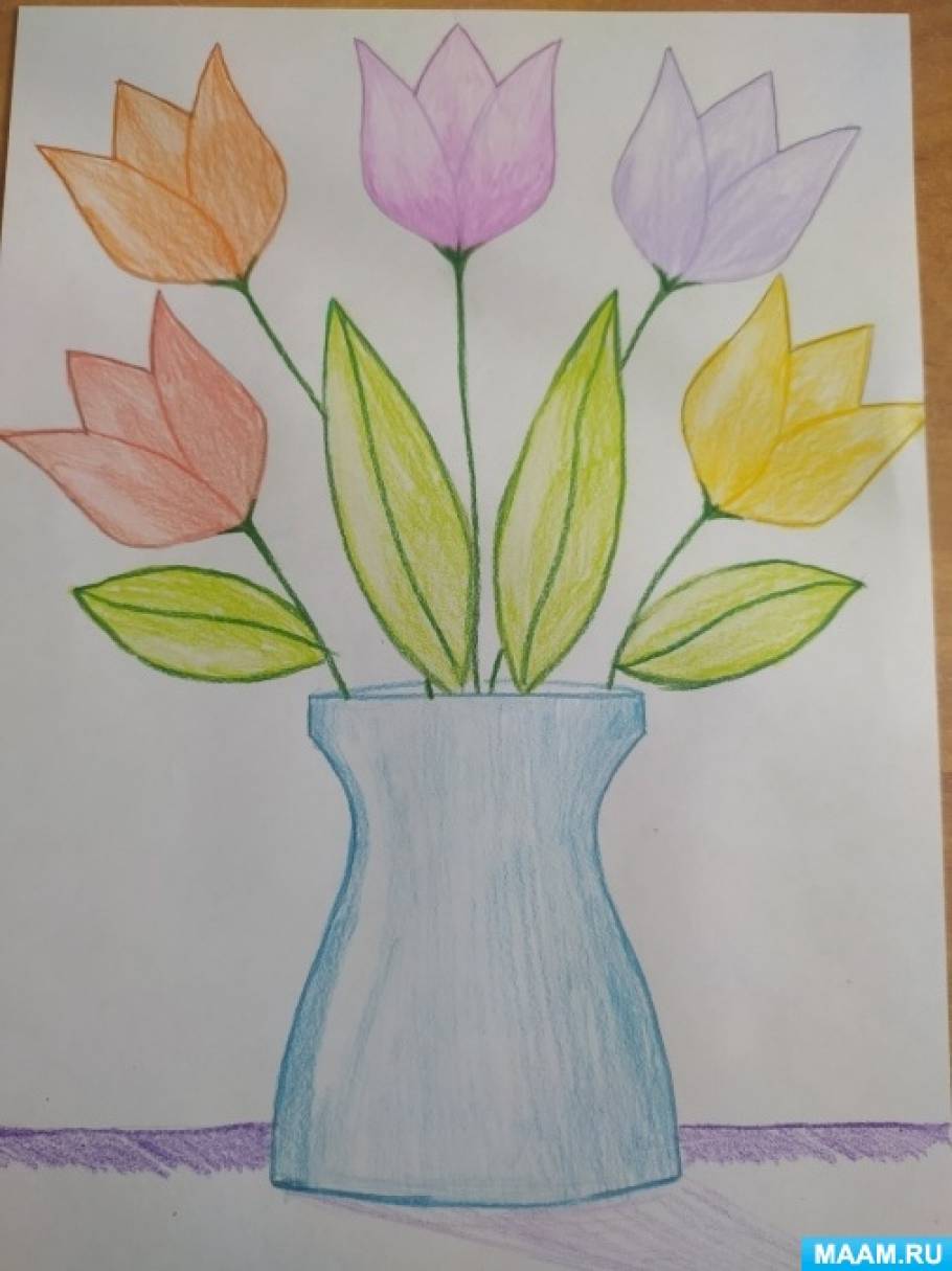 Мастер-класс «Тюльпаны в вазе» для детей ОВЗ (младшие школьники) с использованием шаблонов и рисования карандашами