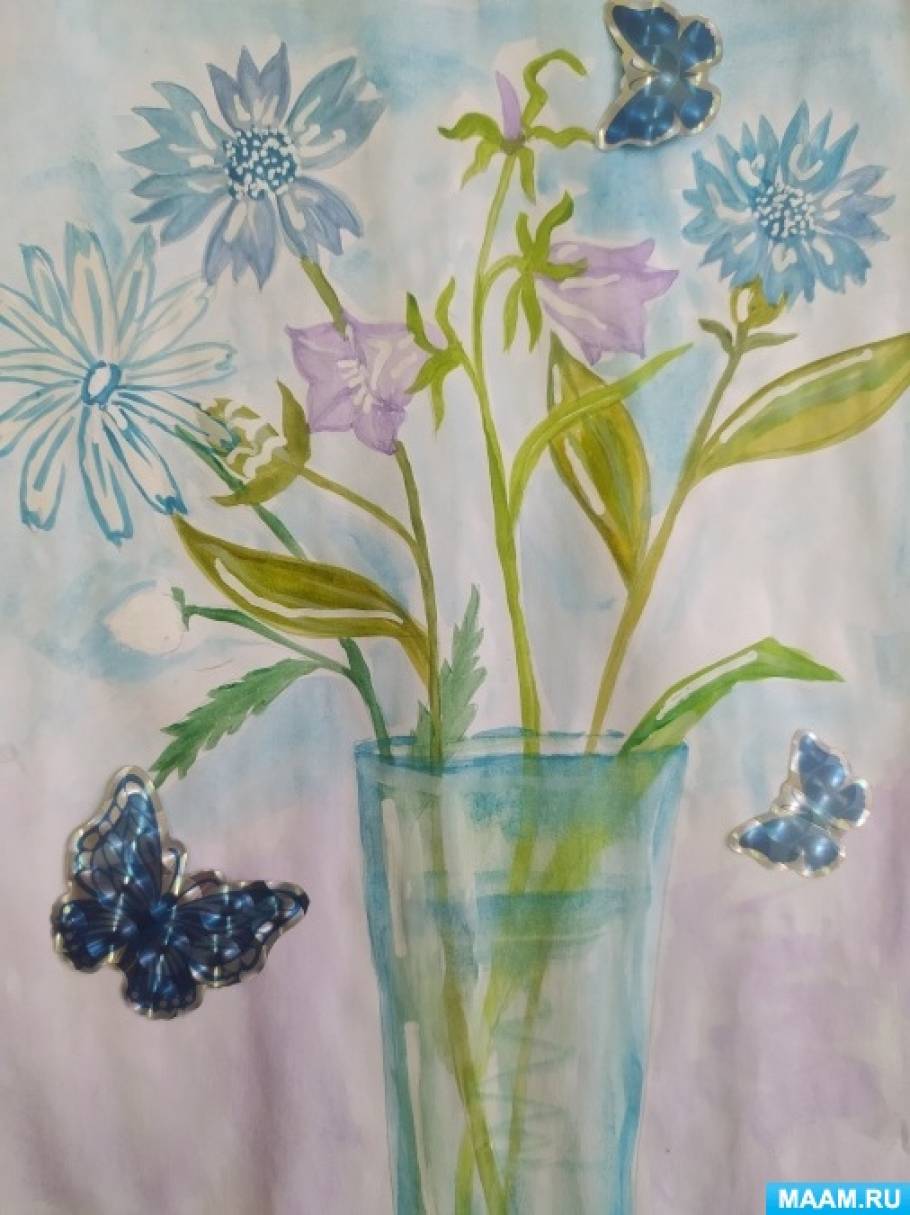 Конспект «Натюрморт «Полевые цветы в вазе». Рисование акварелью с декоративными наклейками с детьми ОВЗ (младшие школьники)