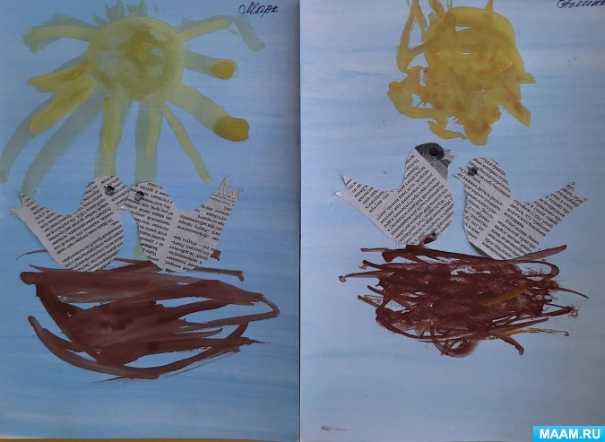 Фотоотчёт о рисовании кистью с использованием аппликации в младшей группе «Птички в гнёздышках»