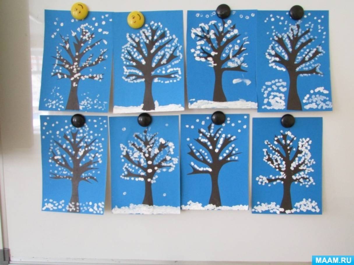 Деревья в снегу вторая младшая группа. Занятие:«деревья в инее» (Комарова т.с., с.91). Рисование в средней группе зима. Аппликация на тему зима. Зимнее дерево средняя группа.