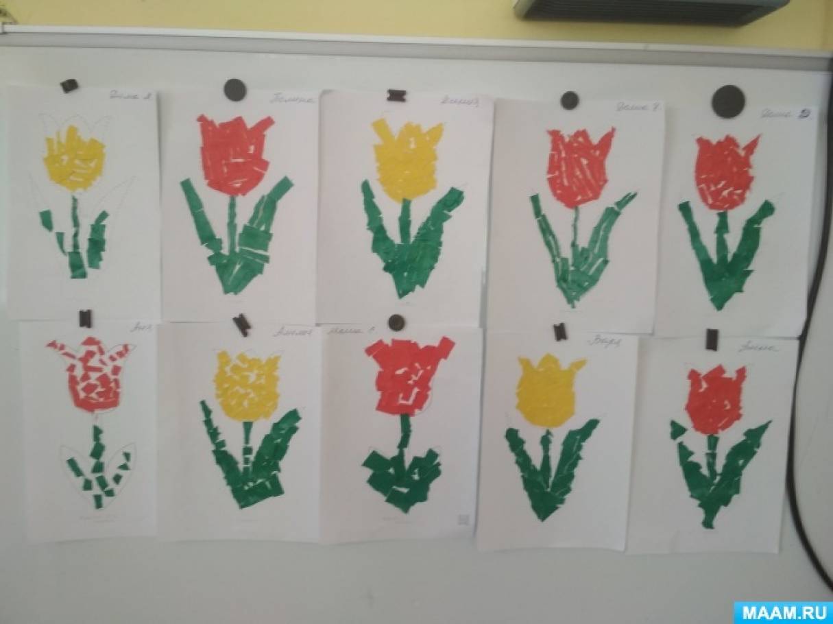 Конспект занятия по обрывной аппликации в средней группе «Расцвели красивые тюльпаны»