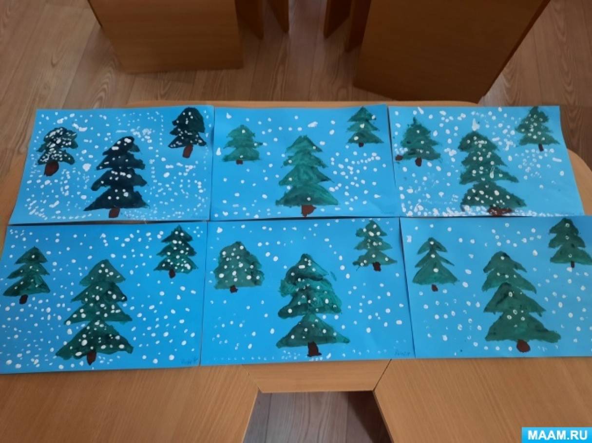 Мастер-класс по рисованию «Большие и маленькие елочки в лесу» из треугольников по точкам с детьми средней группы