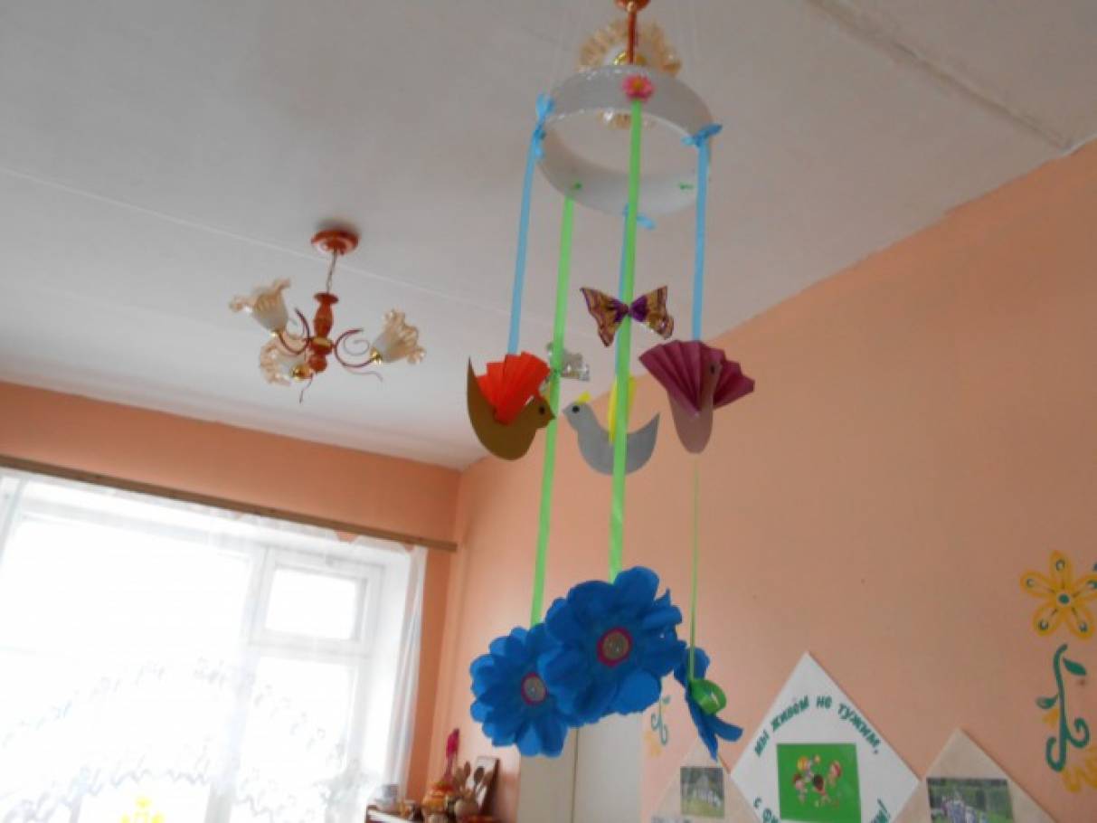 Оформление группы на весну в детском. Украшение группы к весне. Весенний мобиль для детского сада. Подвесные украшения для детского сада.