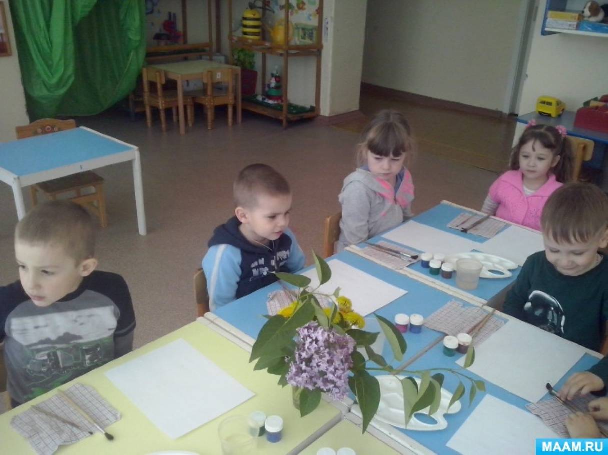 Конспект НОД по рисованию в смешанной технике печати листьями и смятой бумагой «Ветка сирени» в средней группе Фото Конспект НОД по рисованию в смешанной технике печати листьями и смятой бумагой «Ветка сирени» в средней группе