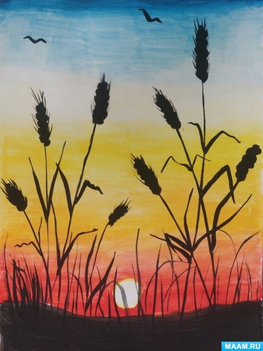 Пошаговое рисование картины «Колосья в закате» с детьми 8 лет