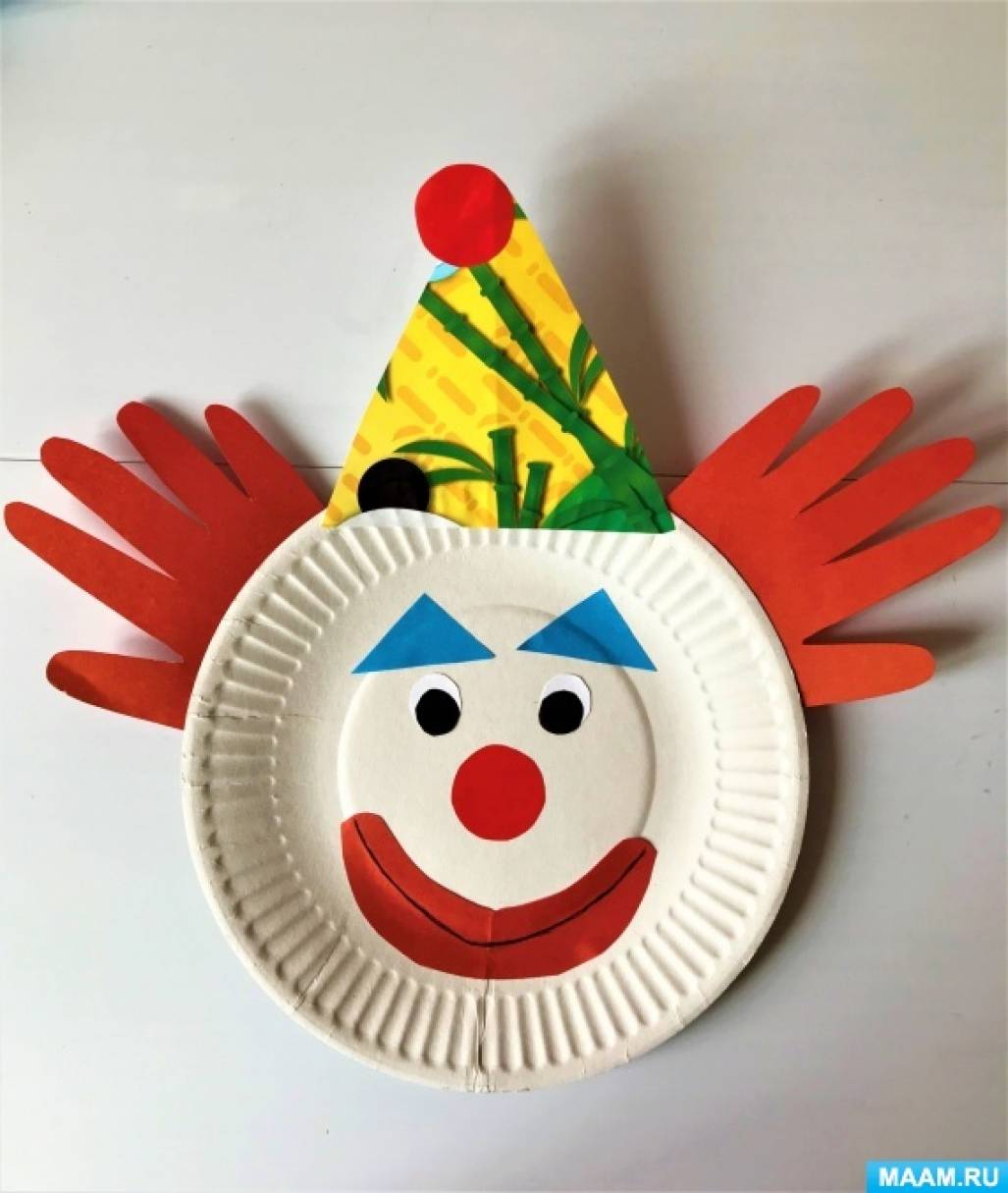 Поделка для детей «Клоун» из цветной бумаги и бумажной одноразовой тарелки