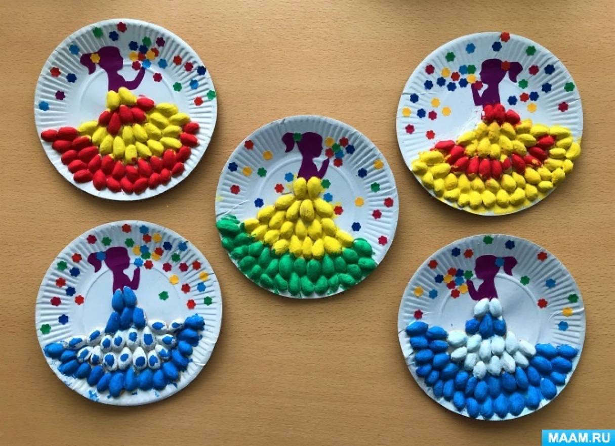Мастер-класс по аппликации из фисташковой скорлупы и цветной бумаги на бумажной тарелке «Девочка с цветами» детям от 5 лет