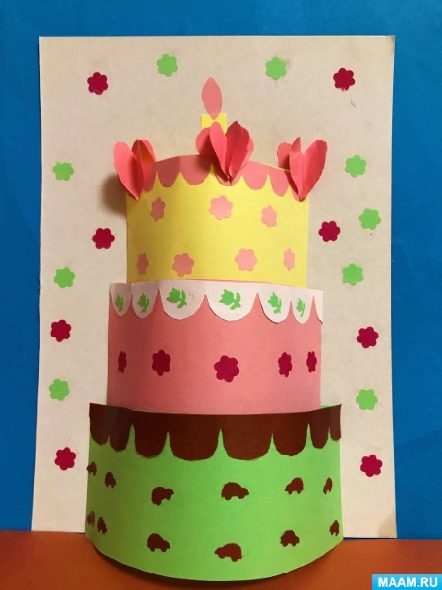 Объемная аппликация из бумаги «Открытка с праздничным тортиком» для детей старшего дошкольного возраста