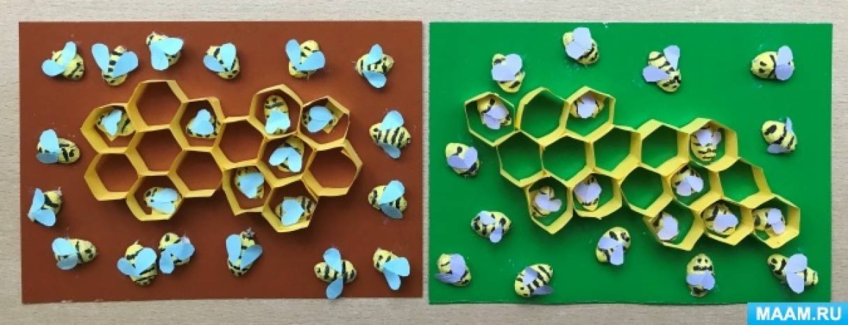 Мастер-класс по объёмной аппликации «Пчелиные соты из полосок бумаги с пчелами из фисташковой скорлупы» для детей от 5 лет