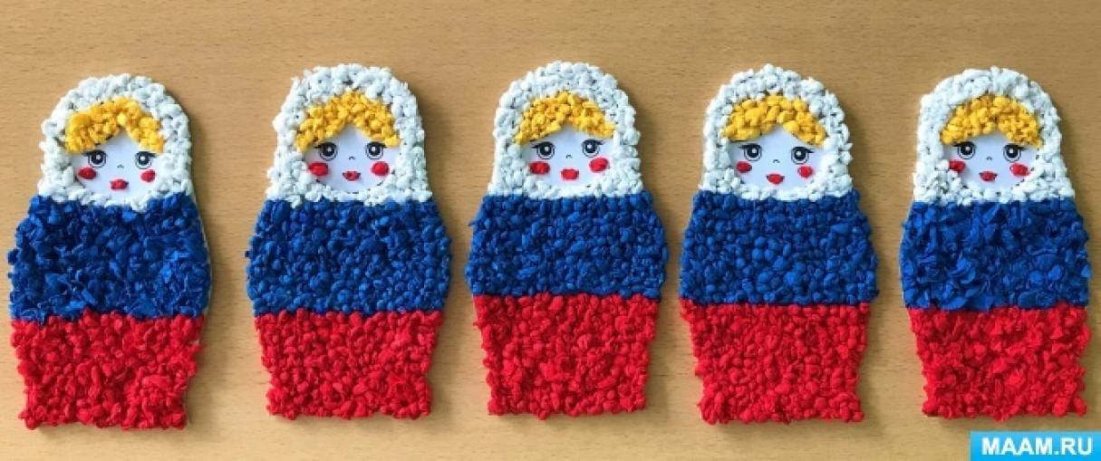 Аппликация из бумажных комочков «Матрешка в стиле «триколор» с детьми ...