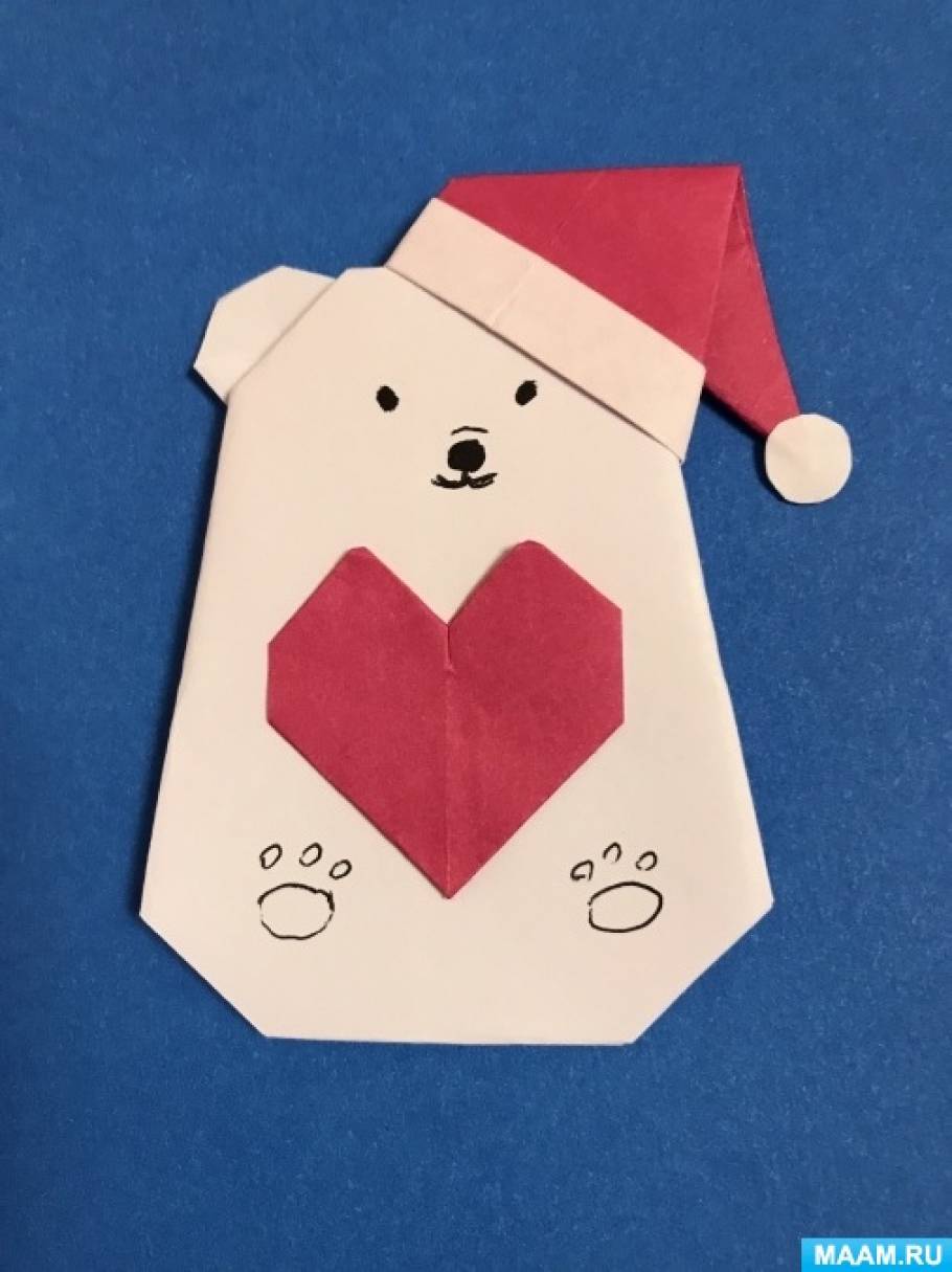 Мастер-класс по оригами из бумаги «Новогодняя открытка с белым медведем» для старших дошкольников