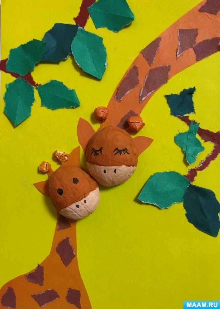 Мастер-класс по аппликации из цветной бумаги и скорлупы грецкого ореха «Жираф с жирафенком» для старших дошкольников