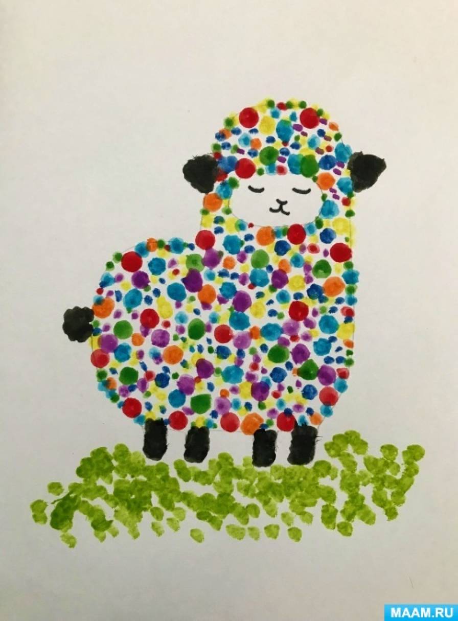 Рисование с дошкольниками ватными палочками «Радужная овечка» в технике «пуантилизм»