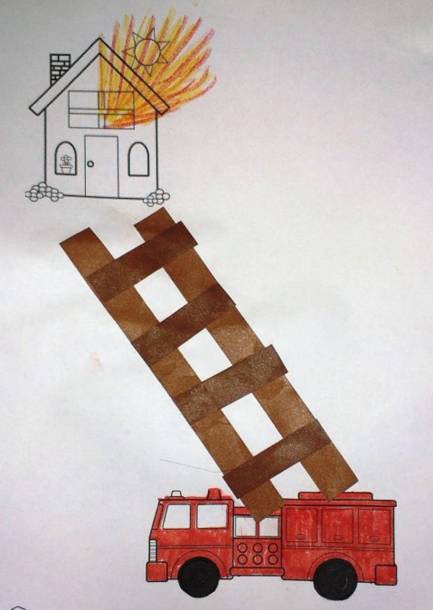Пожарная машина младшая группа. Рисование лестница для пожарной машины. Рисование пожарной лестницы в младшей группе. Пожарная машина с лестницей. Аппликация пожарная лестница в средней группе.