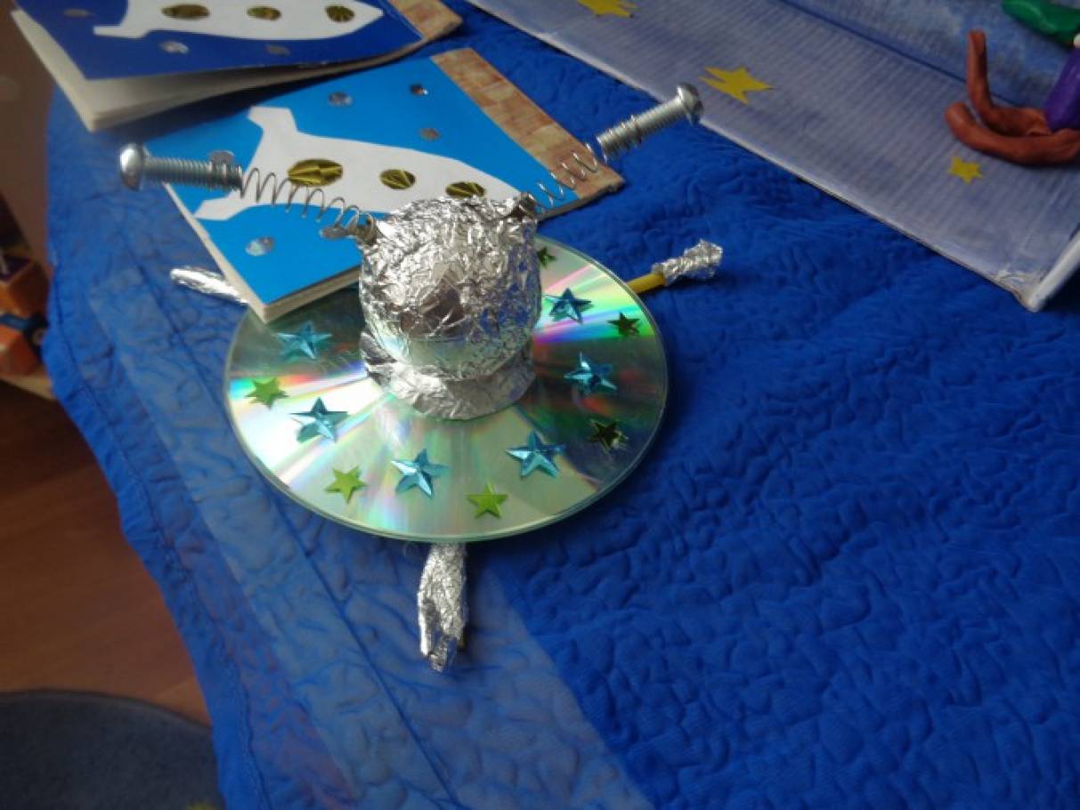 Поделка летающая тарелка ко дню космонавтики. Летающая тарелка поделка ко Дню космонавтики. Летающиетарелка из диска. Летающая тарелка из диска. Космическая тарелка из диска.
