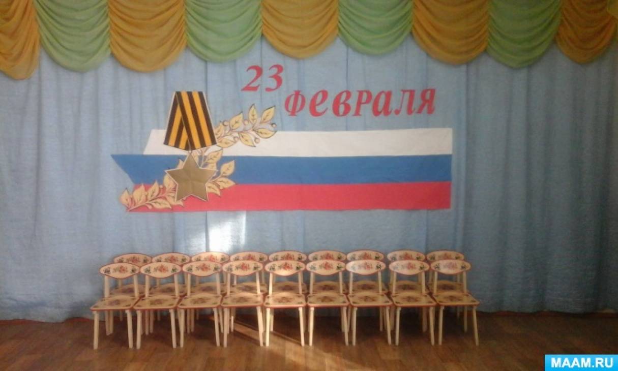 Оформление сцены на 23 февраля в сельском клубе