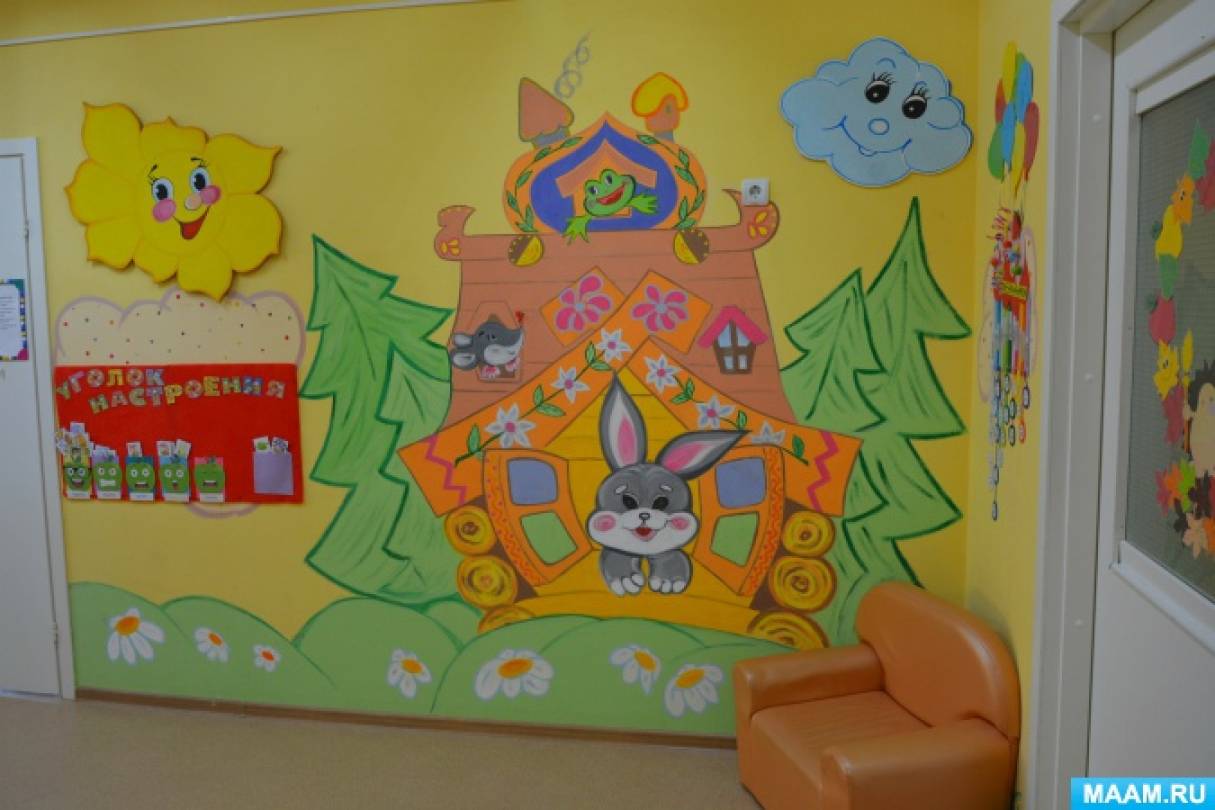 День театра в ясельной группе. Рисунки на стенах в детском саду в группе. Сказка на стене в детском саду. Теремок на стене в детском саду. Украшение приемной в детском саду Теремок.