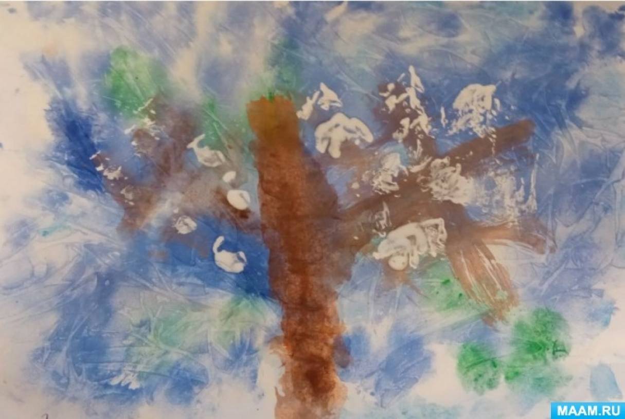 Конспект НОД по рисованию смятой бумагой в подготовительной группе «Дерево в снегу»