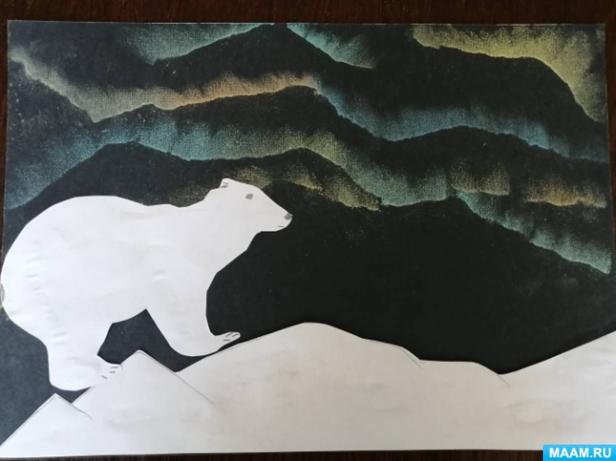 Нетрадиционная техника рисования с элементами аппликации «Животные Севера и северное сияние. Белое море»