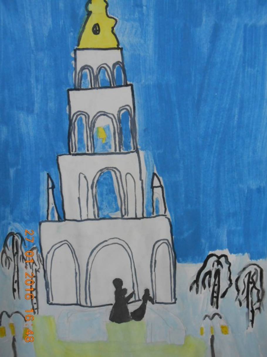 Рисунок иванова город. Колокольня Воскресенского собора рисунок. Колокольня детский рисунок. Храм с колокольней для детей. Рисование Шуйской колокольни.