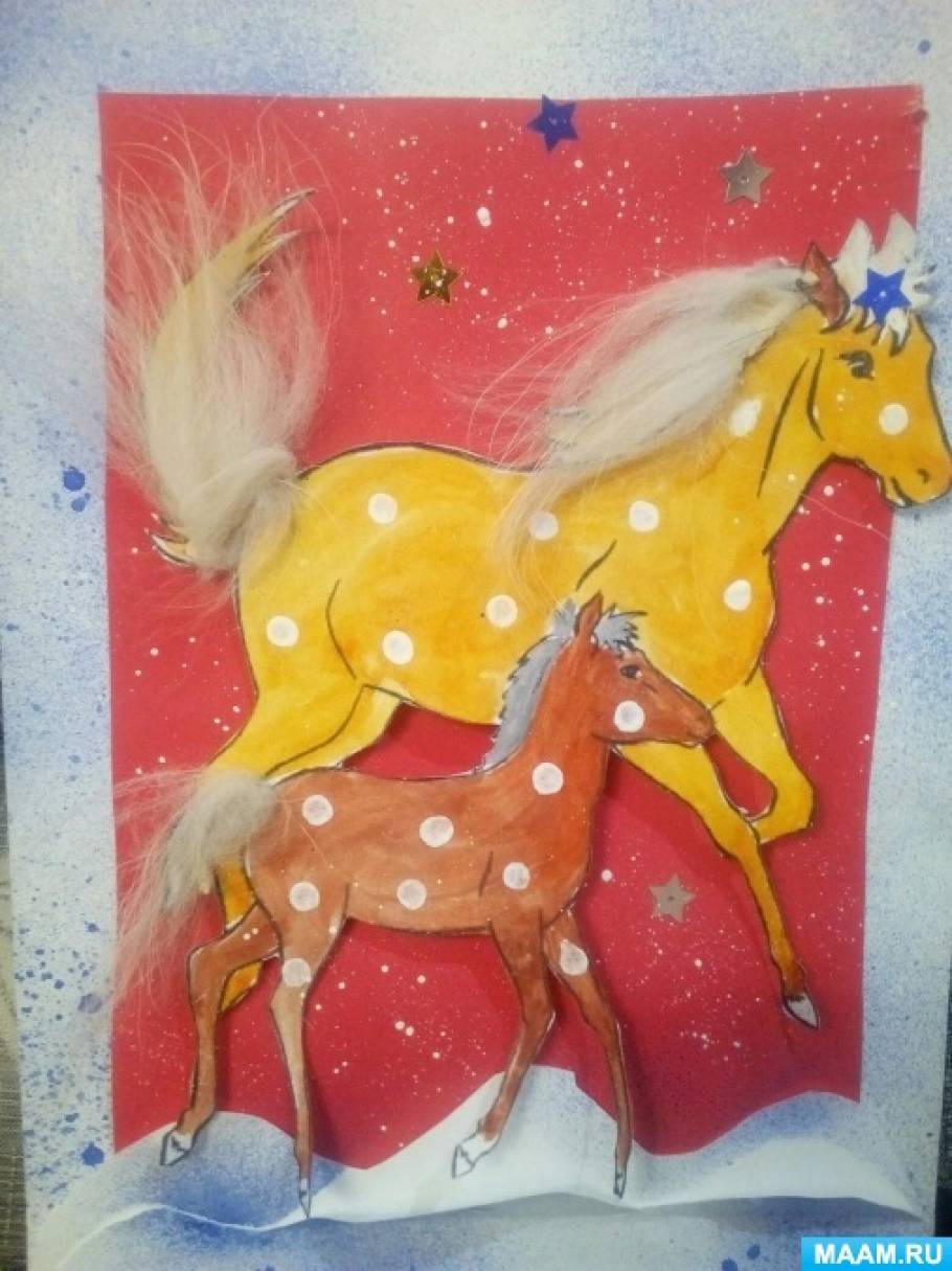 Занятие в смешанной технике аппликации и рисования «Декабрьские лошадки» с детьми дошкольного возраста