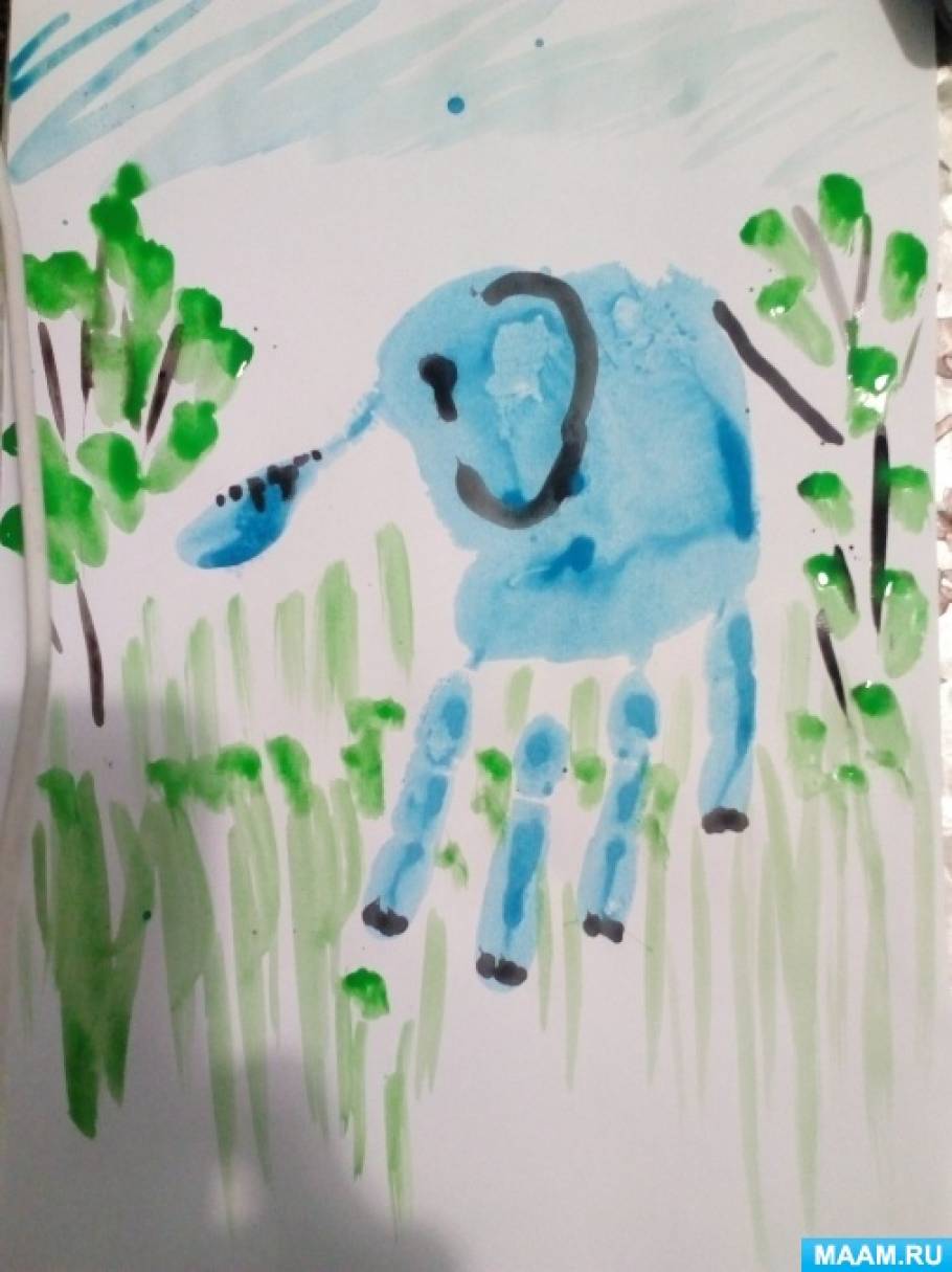 Конспект занятия по рисованию для детей первой младшей группы «Наши ладошки — голубые слоники»
