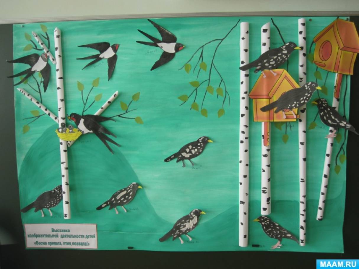 Тема птицы весной средняя группа. Коллективные работы детей в детском саду птицы. Весенняя аппликация. Аппликация весенние птицы.