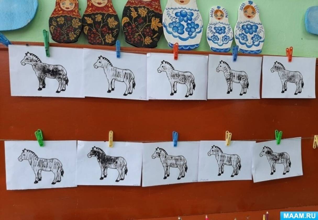 Конспект НОД по рисованию «Животные Африки. Зебра» с использованием штампа из ниток и трафарета