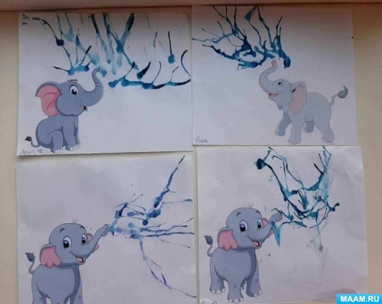 Конспект НОД по рисованию «Душ для слона» в технике «кляксография»