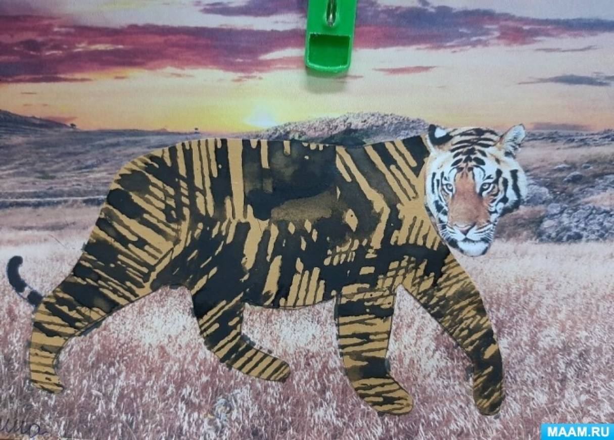 Конспект НОД по рисованию «Символ наступающего года «Тигр» с использованием штампа из ниток и трафарета